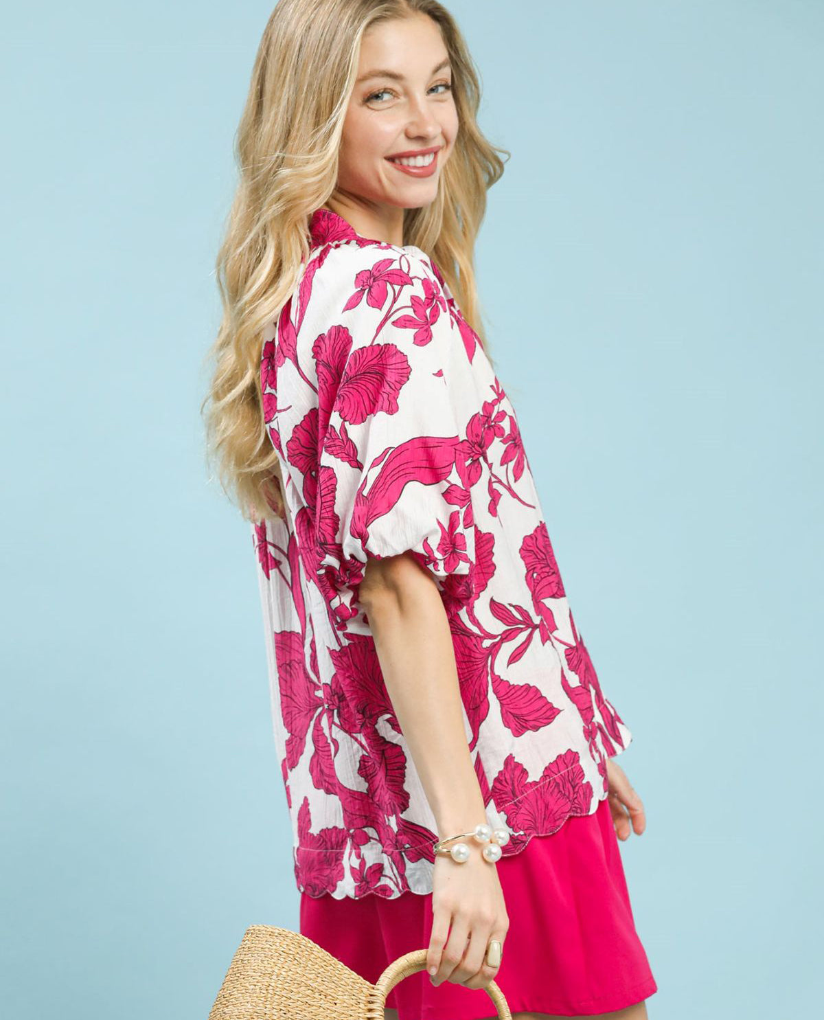 Umgee Floral Print V-Neck Top with Bubble Sleeves