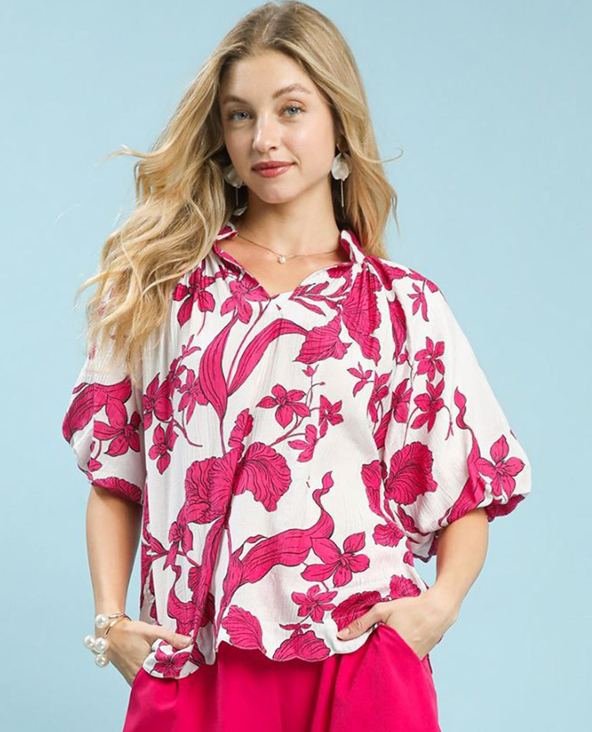 Umgee Floral Print V-Neck Top with Bubble Sleeves