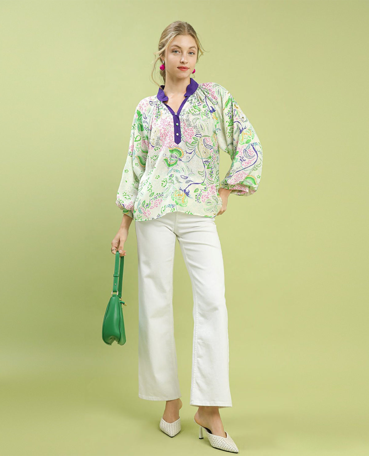 Umgee Paisley Floral Contrast Trip Top With Balloon Sleeves and Split Neckline