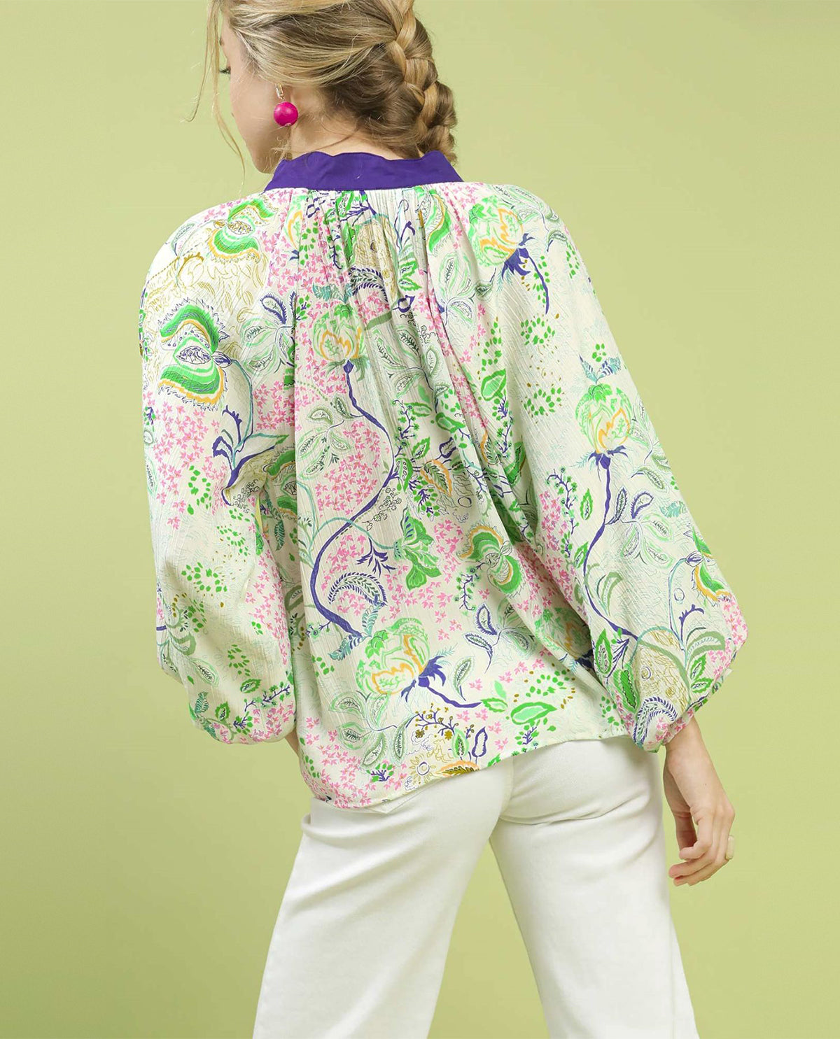 Umgee Paisley Floral Contrast Trip Top With Balloon Sleeves and Split Neckline