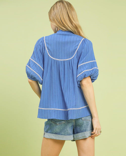 Umgee Solid V-Neck Mandarin Collar Top