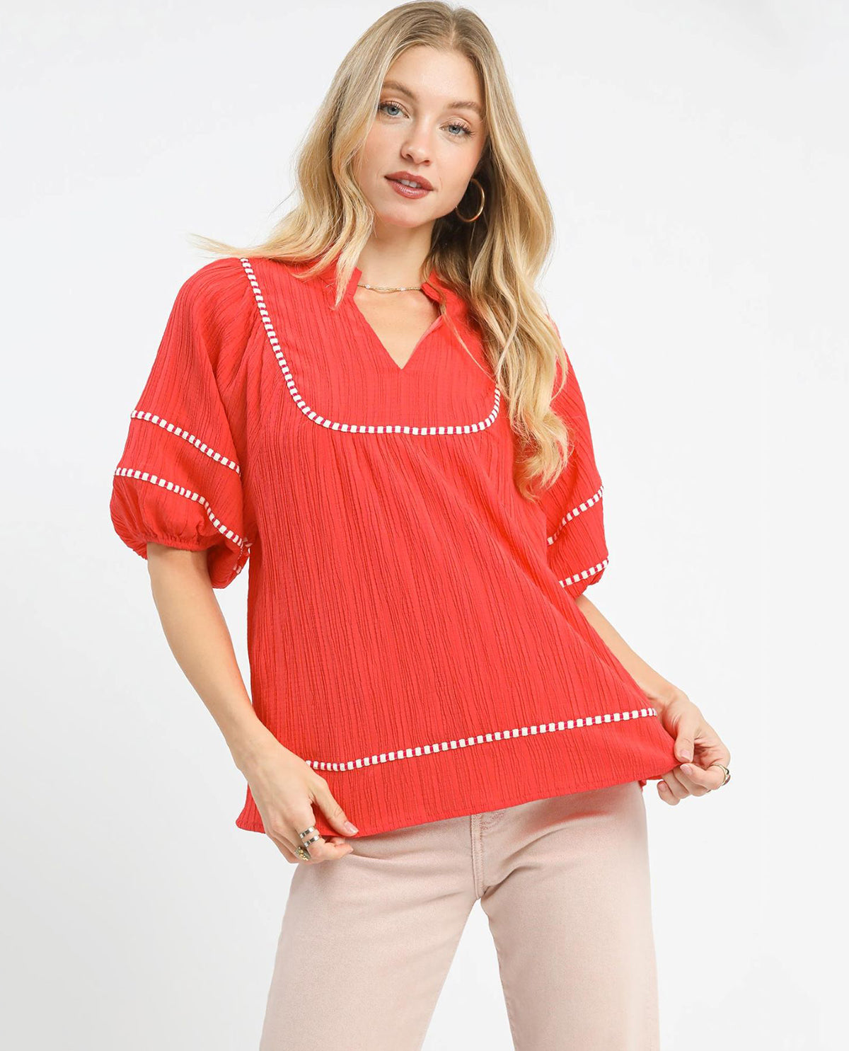 Umgee Solid Vneck Mandarin Collar Top