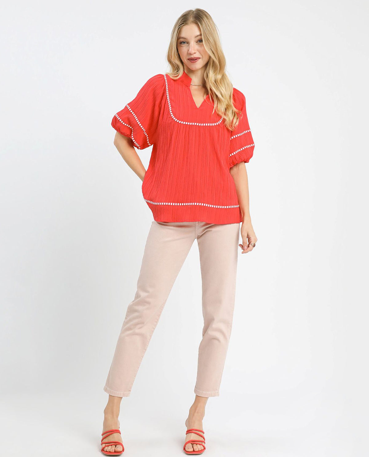 Umgee Solid Vneck Mandarin Collar Top