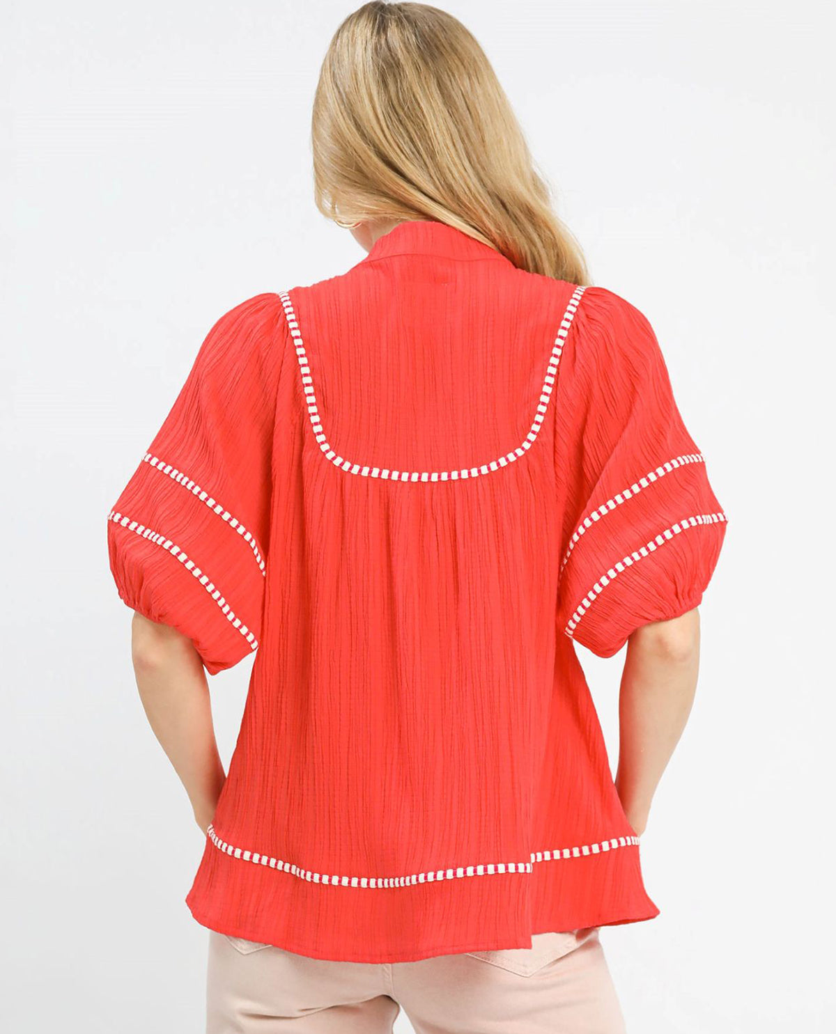 Umgee Solid Vneck Mandarin Collar Top