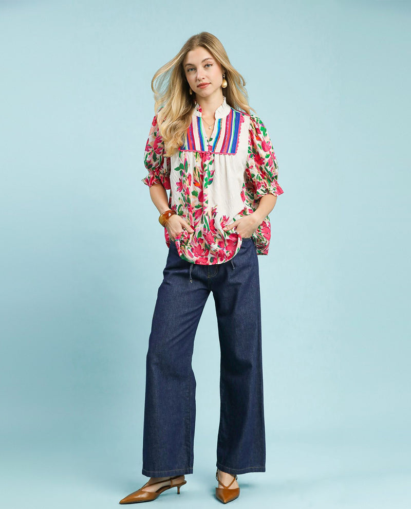 Umgee Mixed Floral Puff Sleeve Babydoll Top