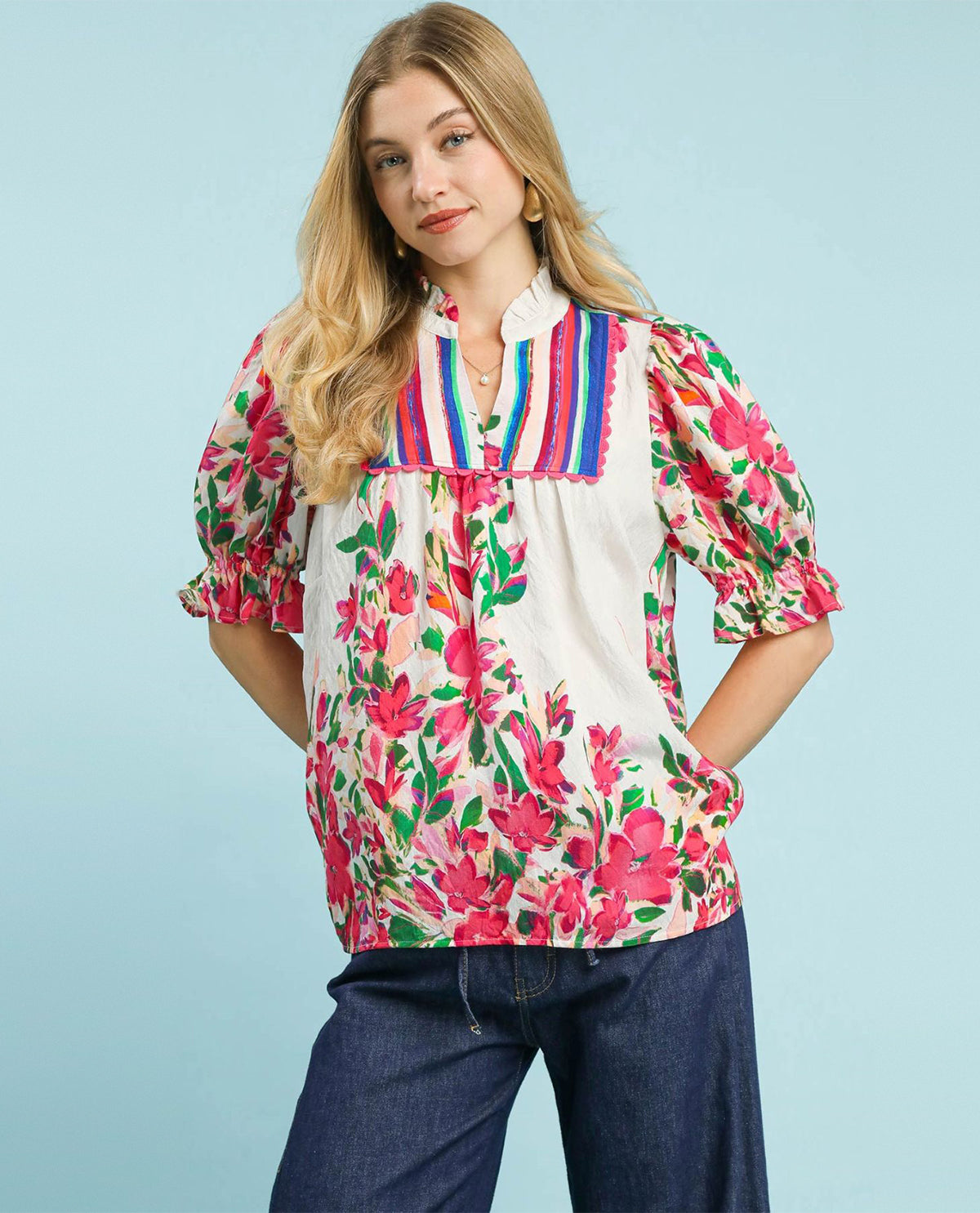 Umgee Mixed Floral Puff Sleeve Babydoll Top