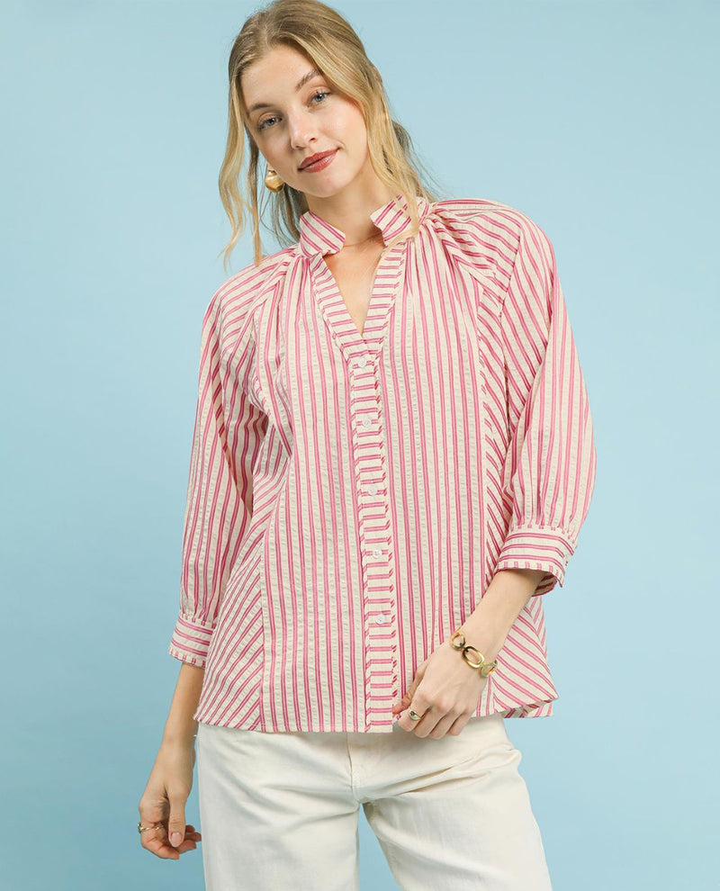 Umgee Striped Button Down V-Neck Top