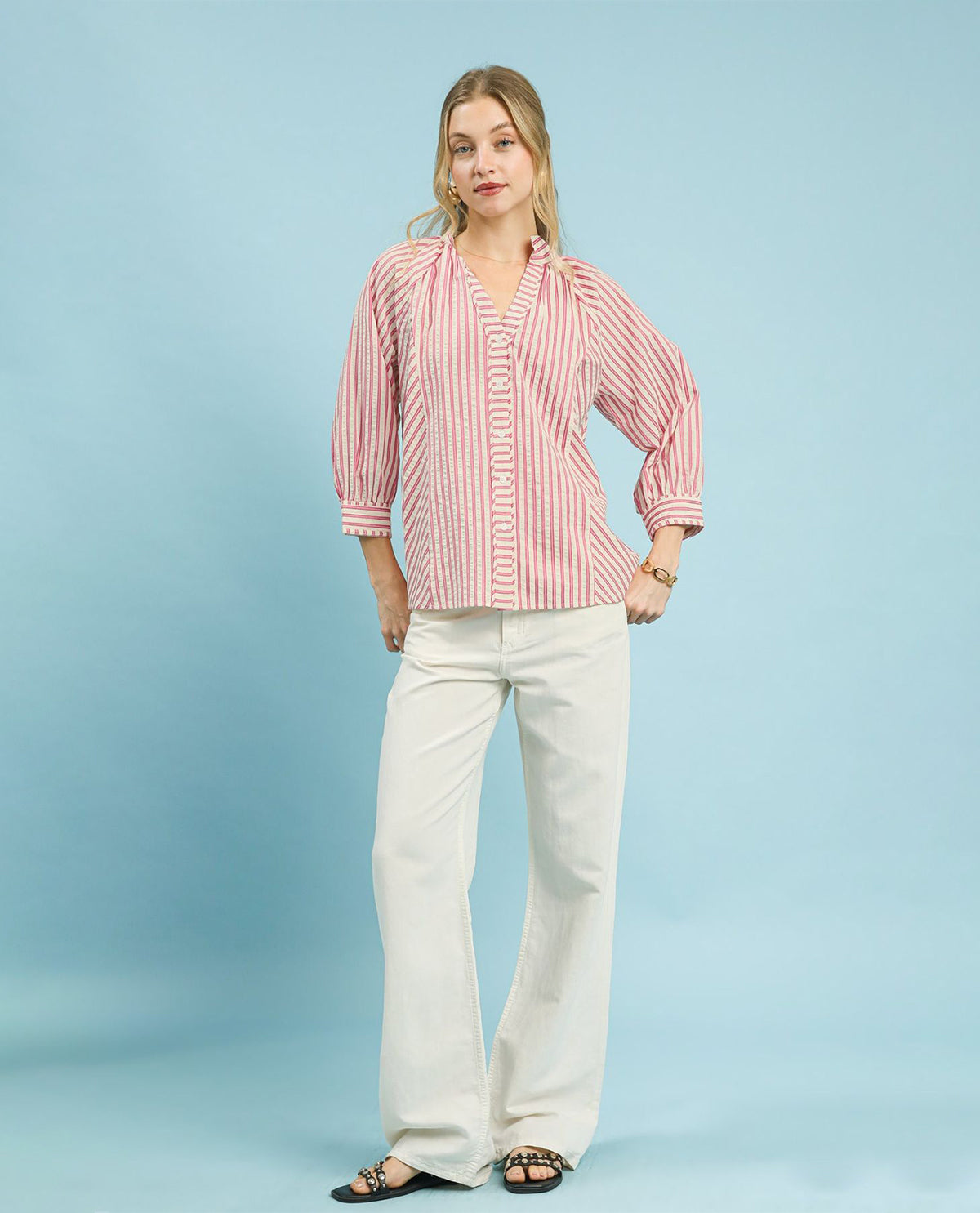 Umgee Striped Button Down V-Neck Top