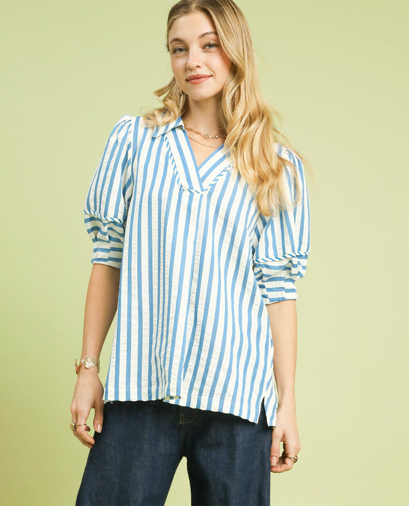 Umgee Striped Puff Sleeve Blouse