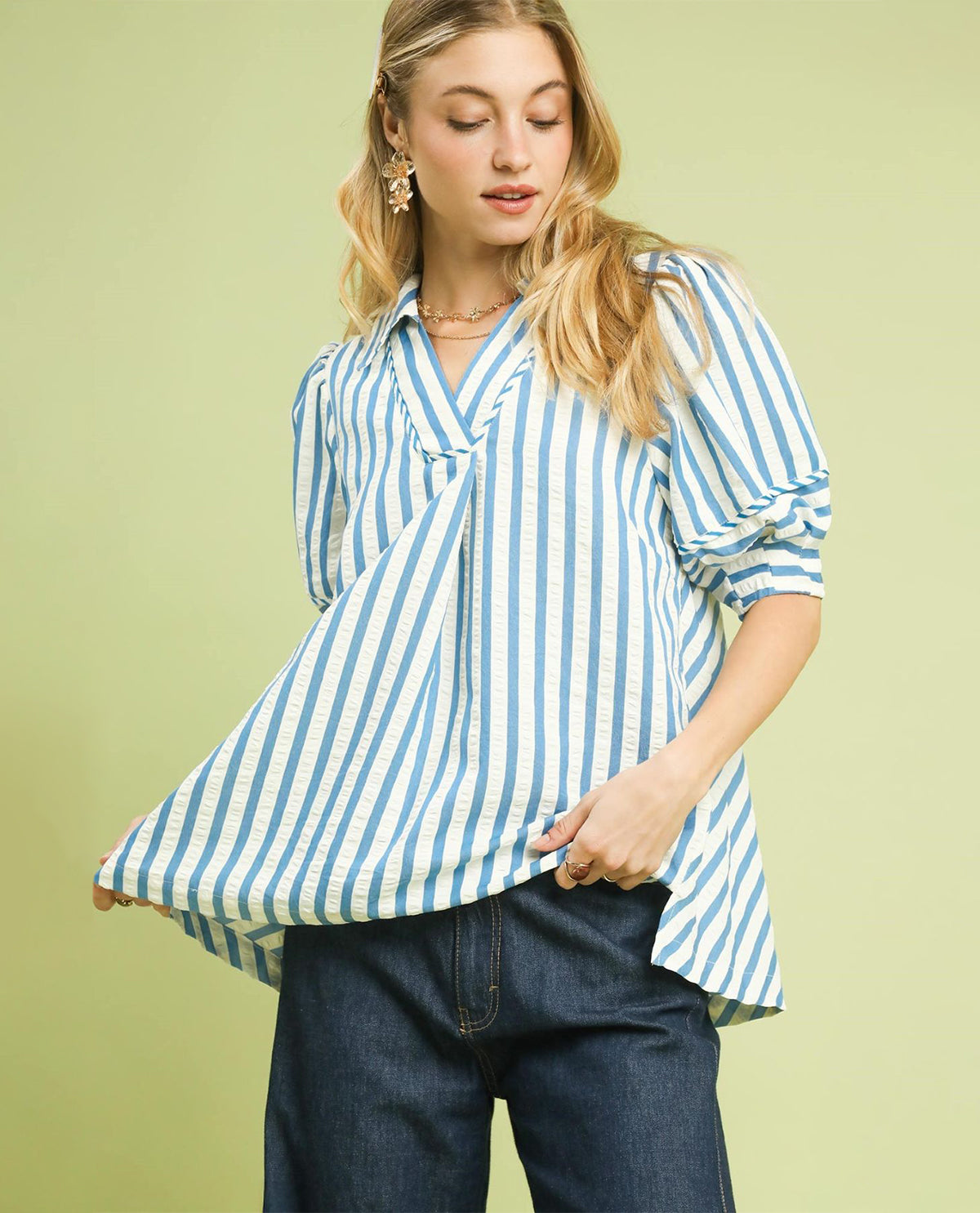 Umgee Striped Puff Sleeve Blouse