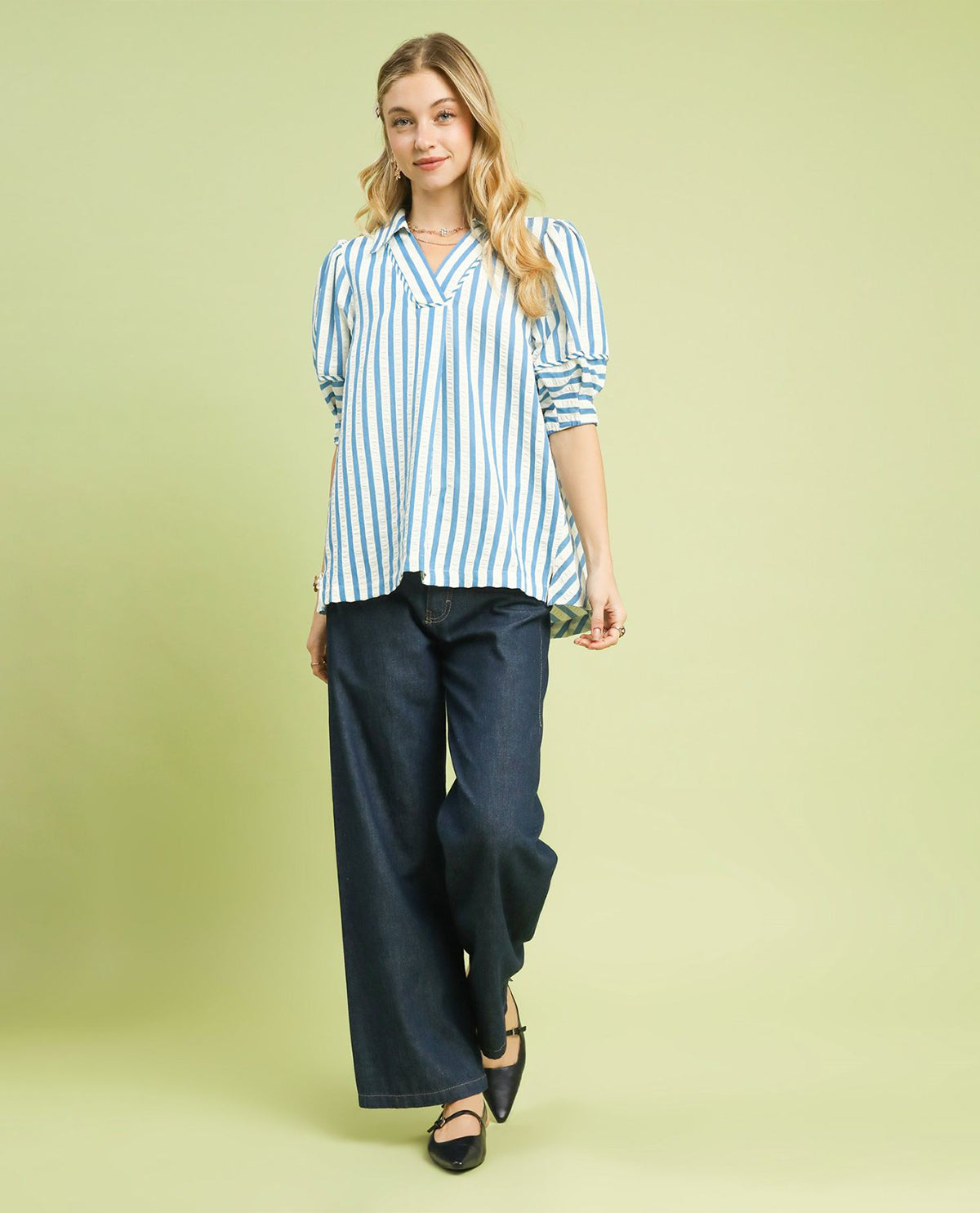 Umgee Striped Puff Sleeve Blouse