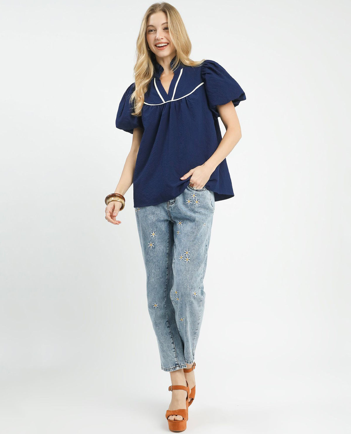 Umgee Solid Ruffle Neck Top