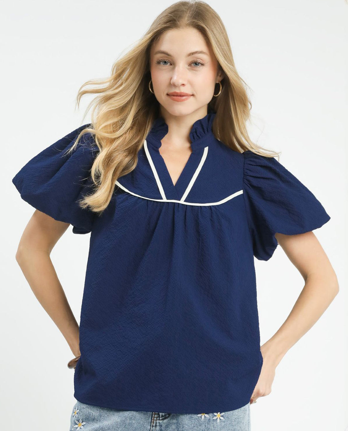 Umgee Solid Ruffle Neck Top