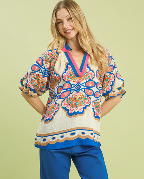 Umgee Print Bubble Sleeve V-Neck Top