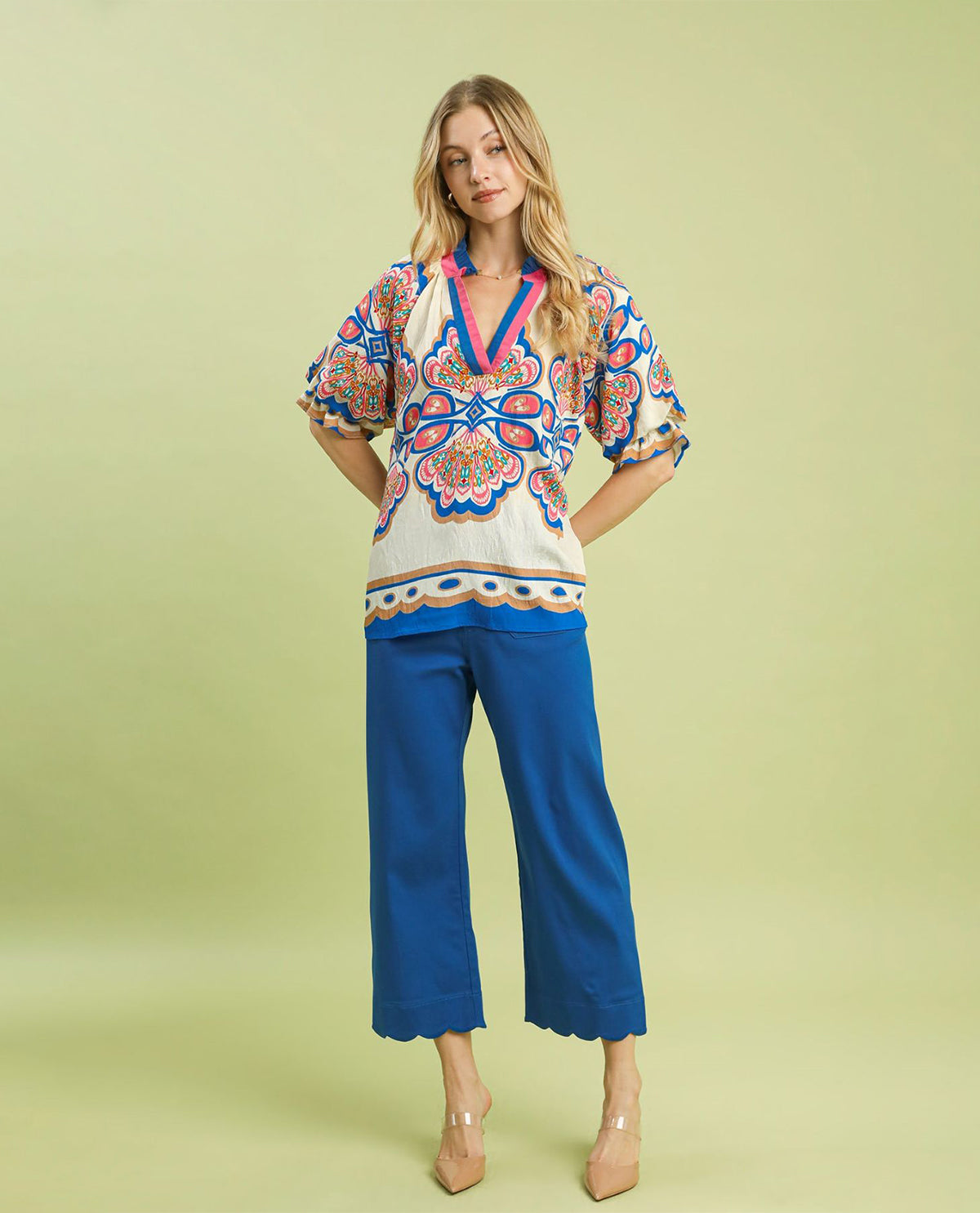 Umgee Mixed Boho Print V-Neck Top