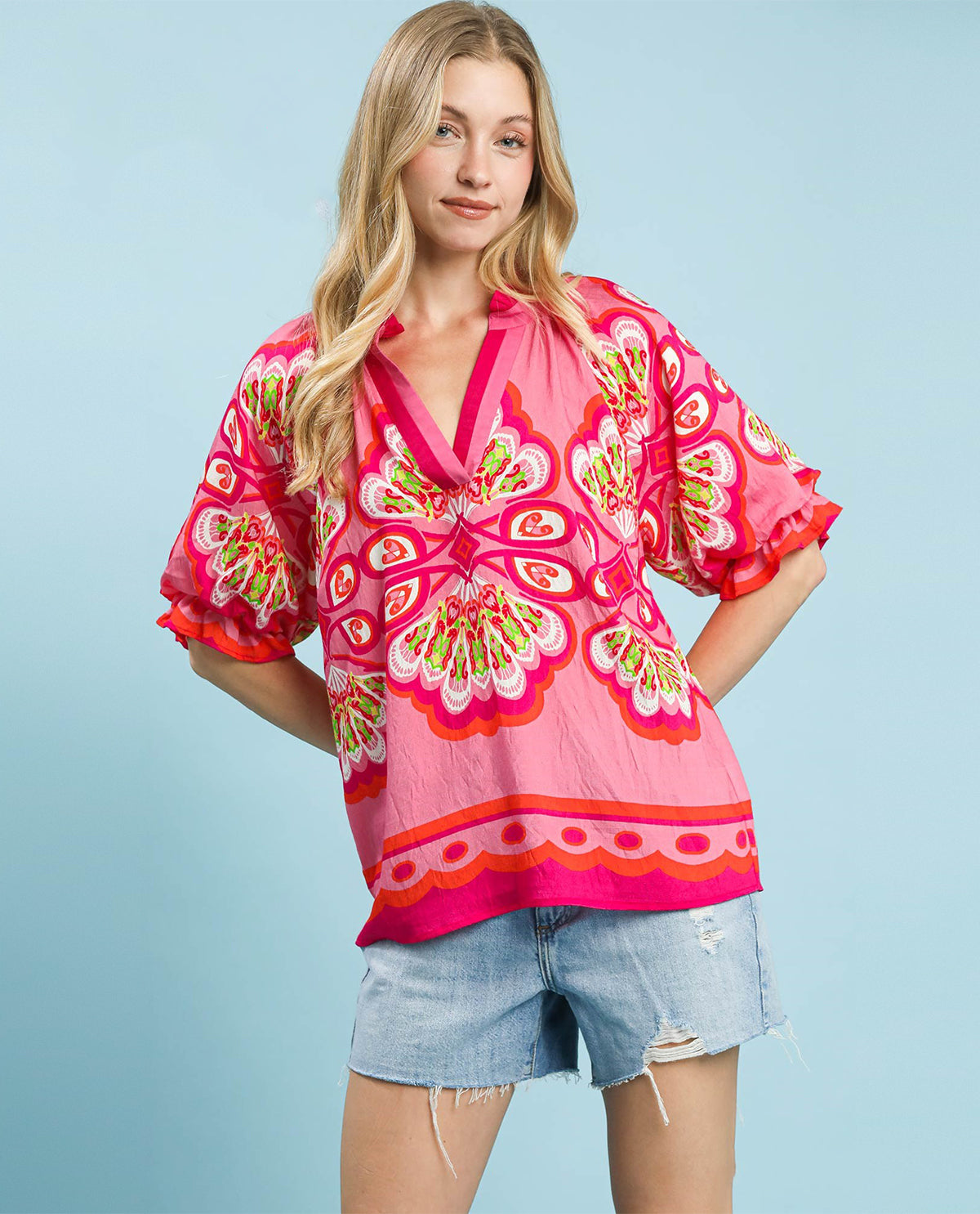 Umgee Print Bubble Sleeve V-Neck Top