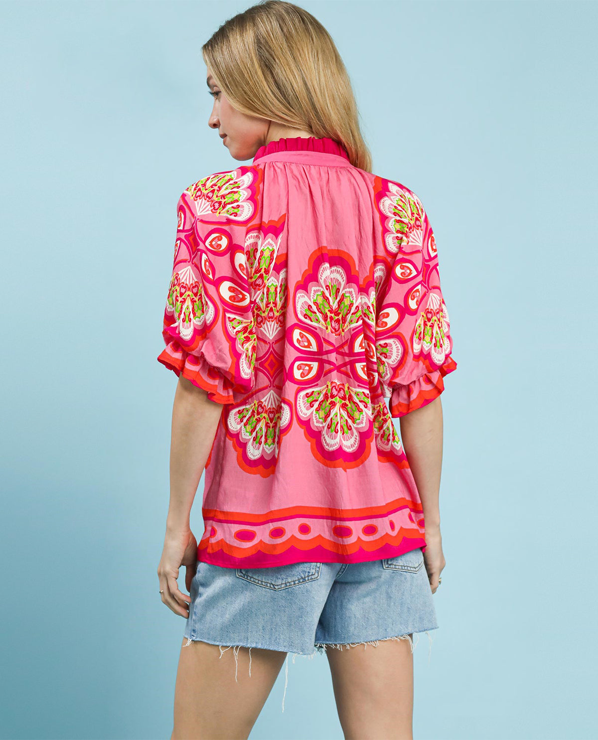 Umgee Print Bubble Sleeve V-Neck Top