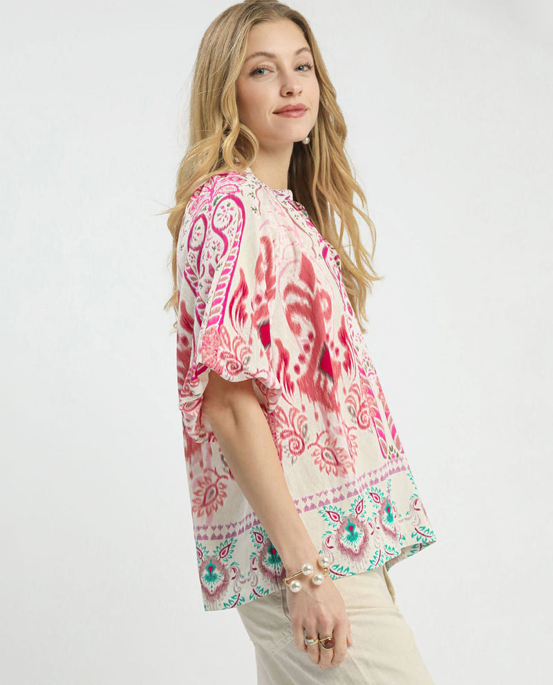Umgee Border Print Vneck Top
