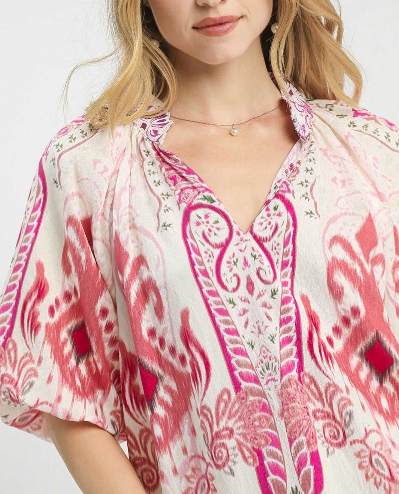 Umgee Border Print V-Neck Top Pink