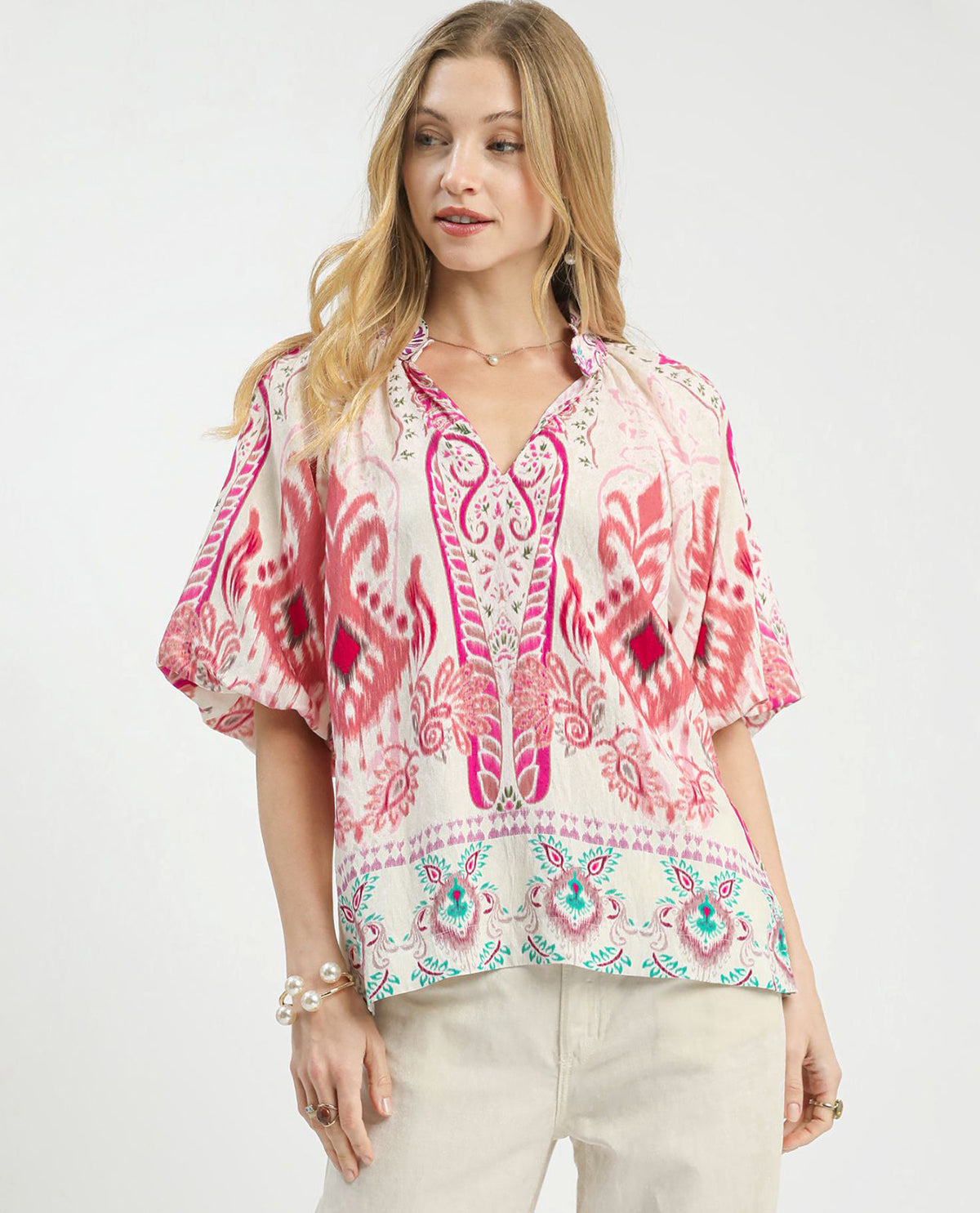 Umgee Border Print Vneck Top
