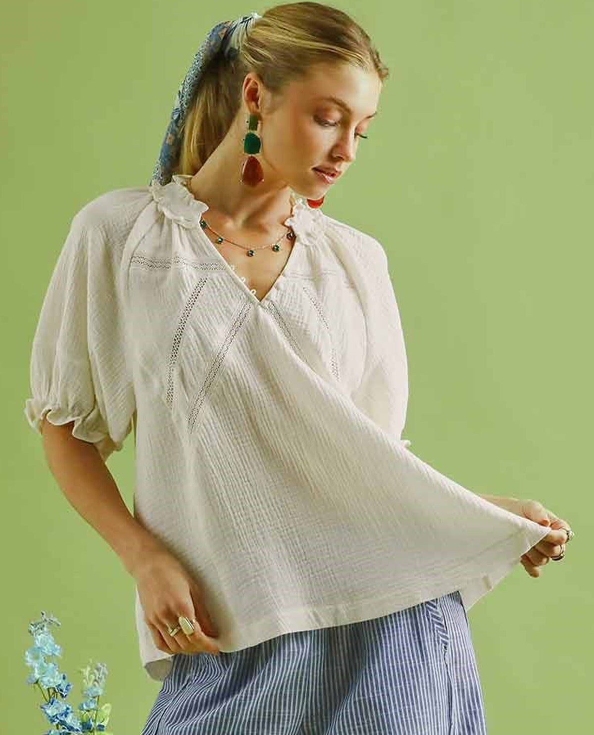 Umgee  Solid Gauze Ruffle Trim Top