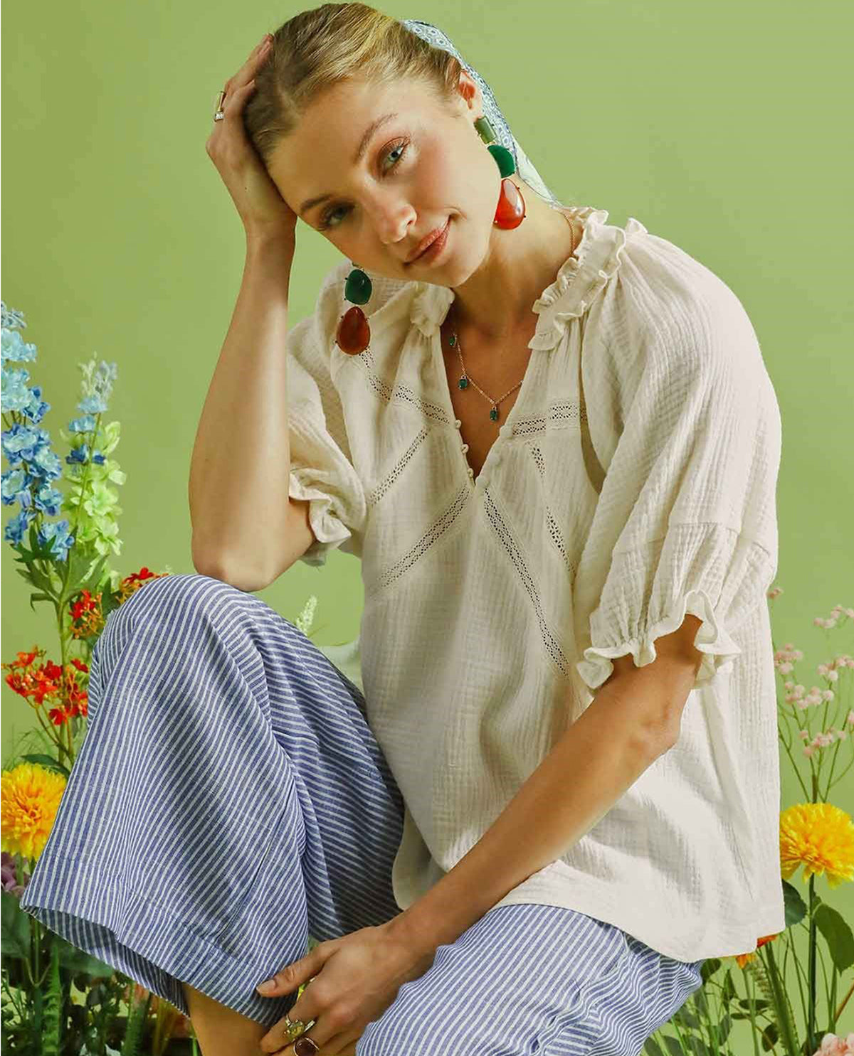 Umgee  Solid Gauze Ruffle Trim Top