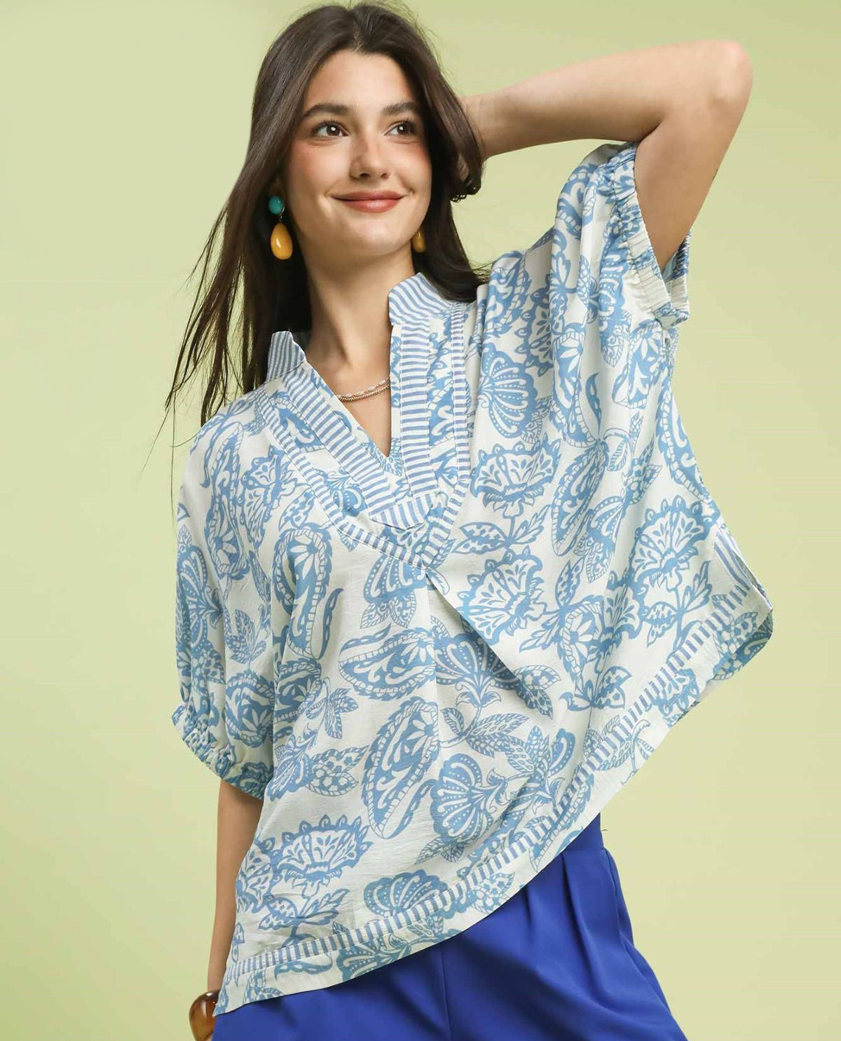 Umgee Botanical Print Mixed Trim Tunic Top