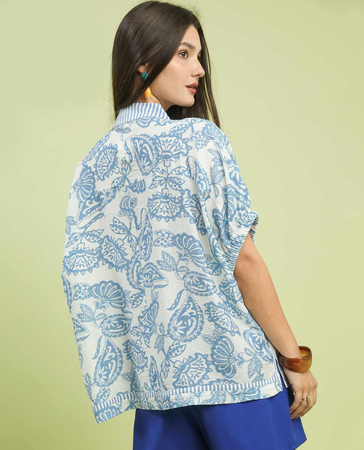 Umgee Botanical Print Mixed Trim Tunic Top