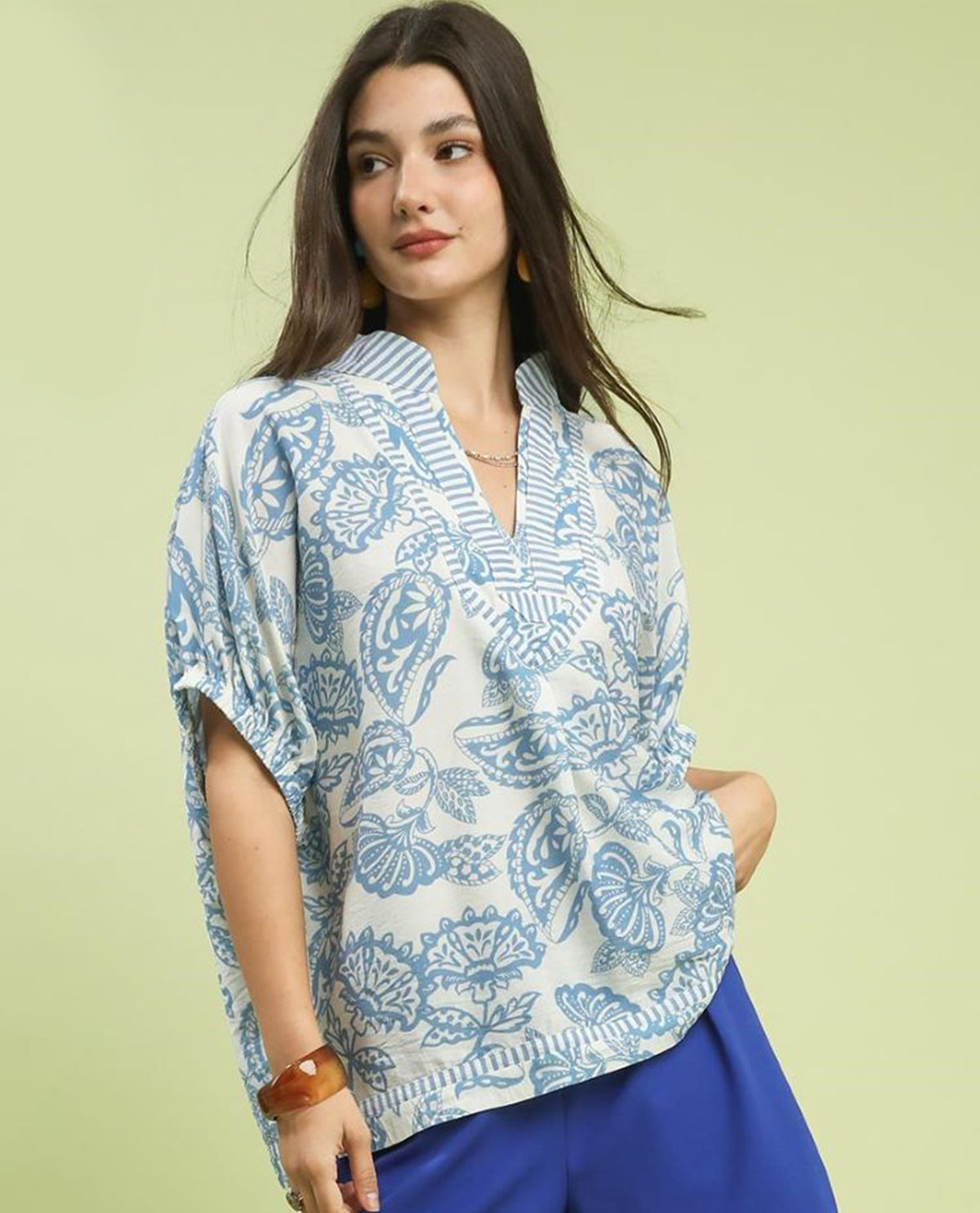 Umgee Botanical Print Mixed Trim Tunic Top