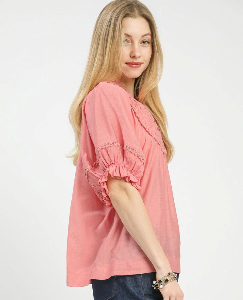 Umgee Solid Smocked Yoke Top with Ruffle Sleeves