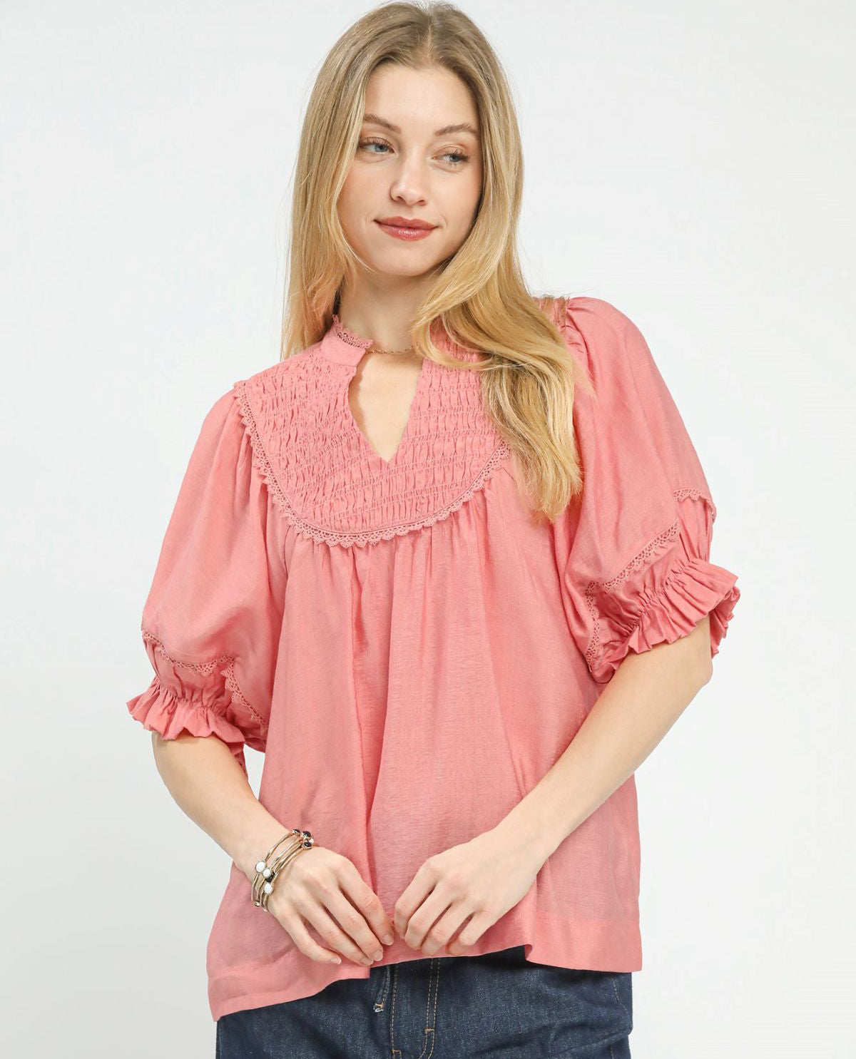 Umgee Solid Smocked Yoke Top with Ruffle Sleeves