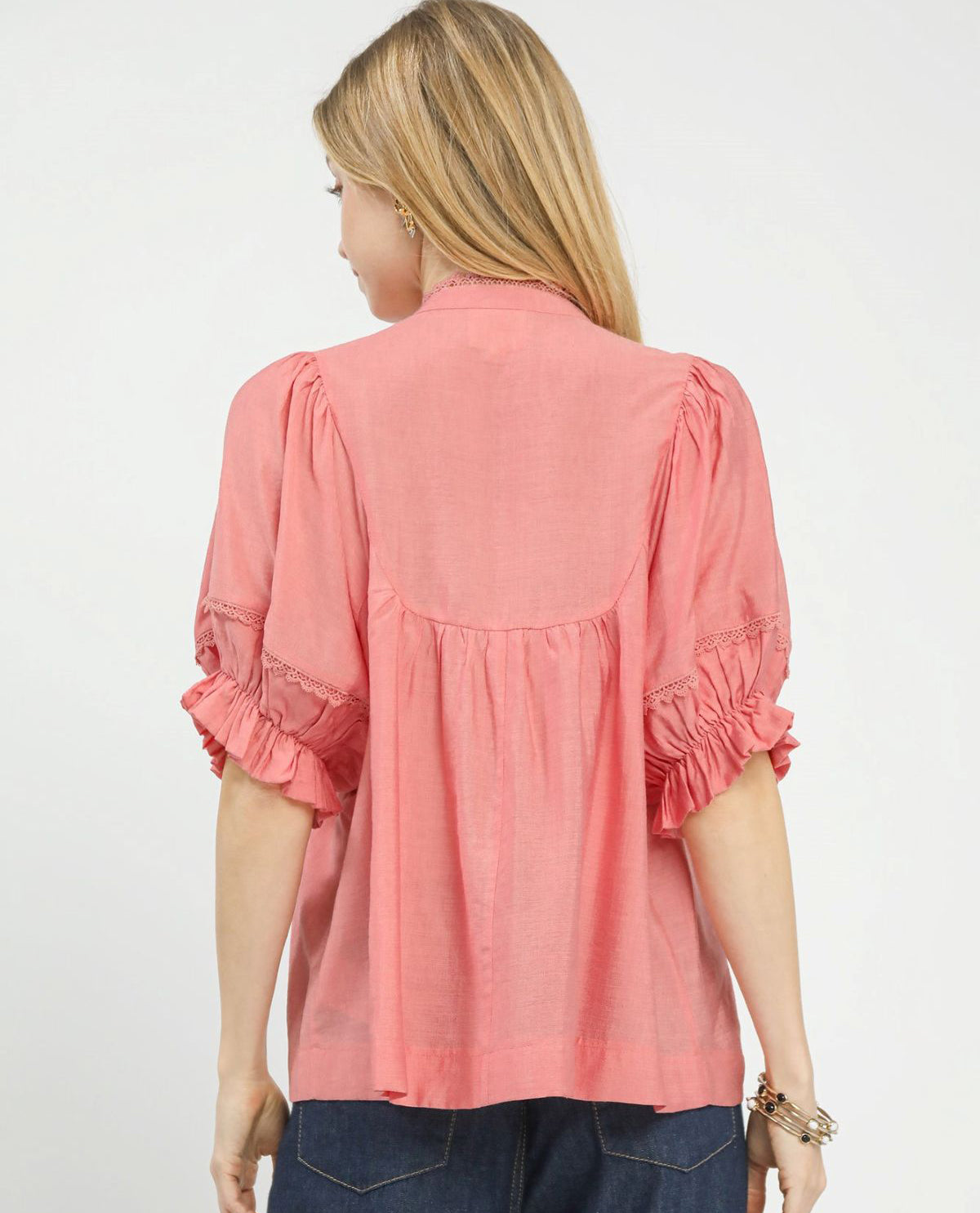 Umgee Solid Smocked Yoke Top with Ruffle Sleeves