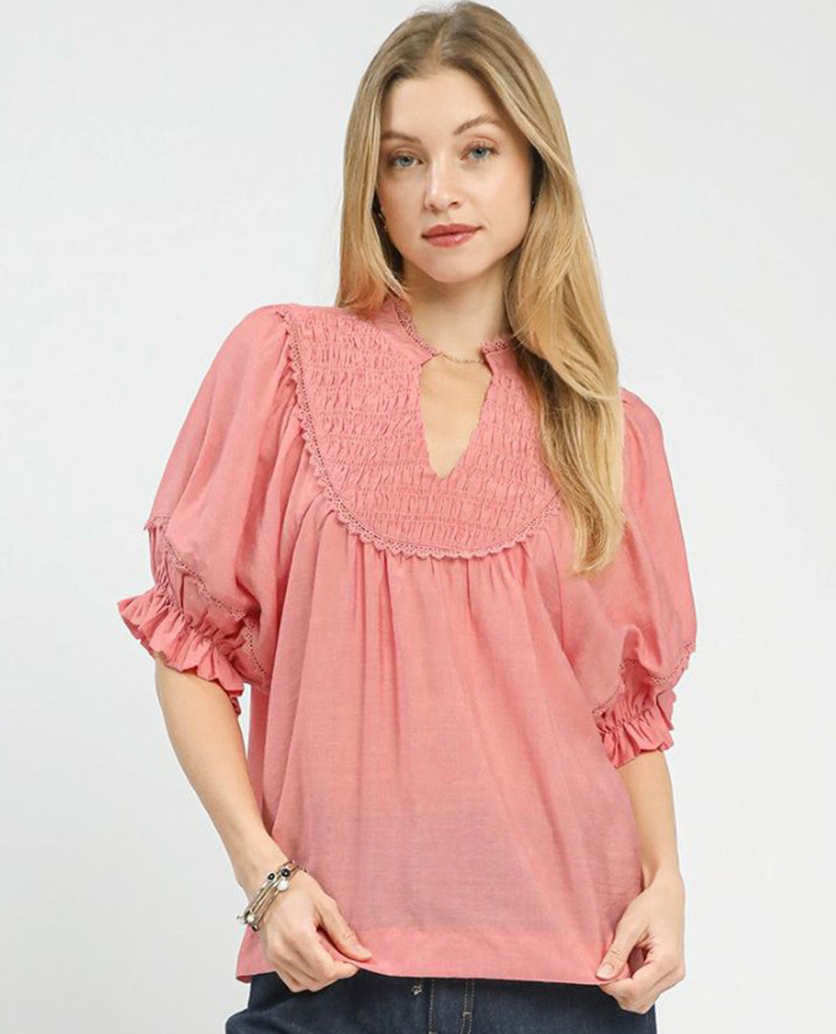 Umgee Solid Smocked Yoke Top with Ruffle Sleeves
