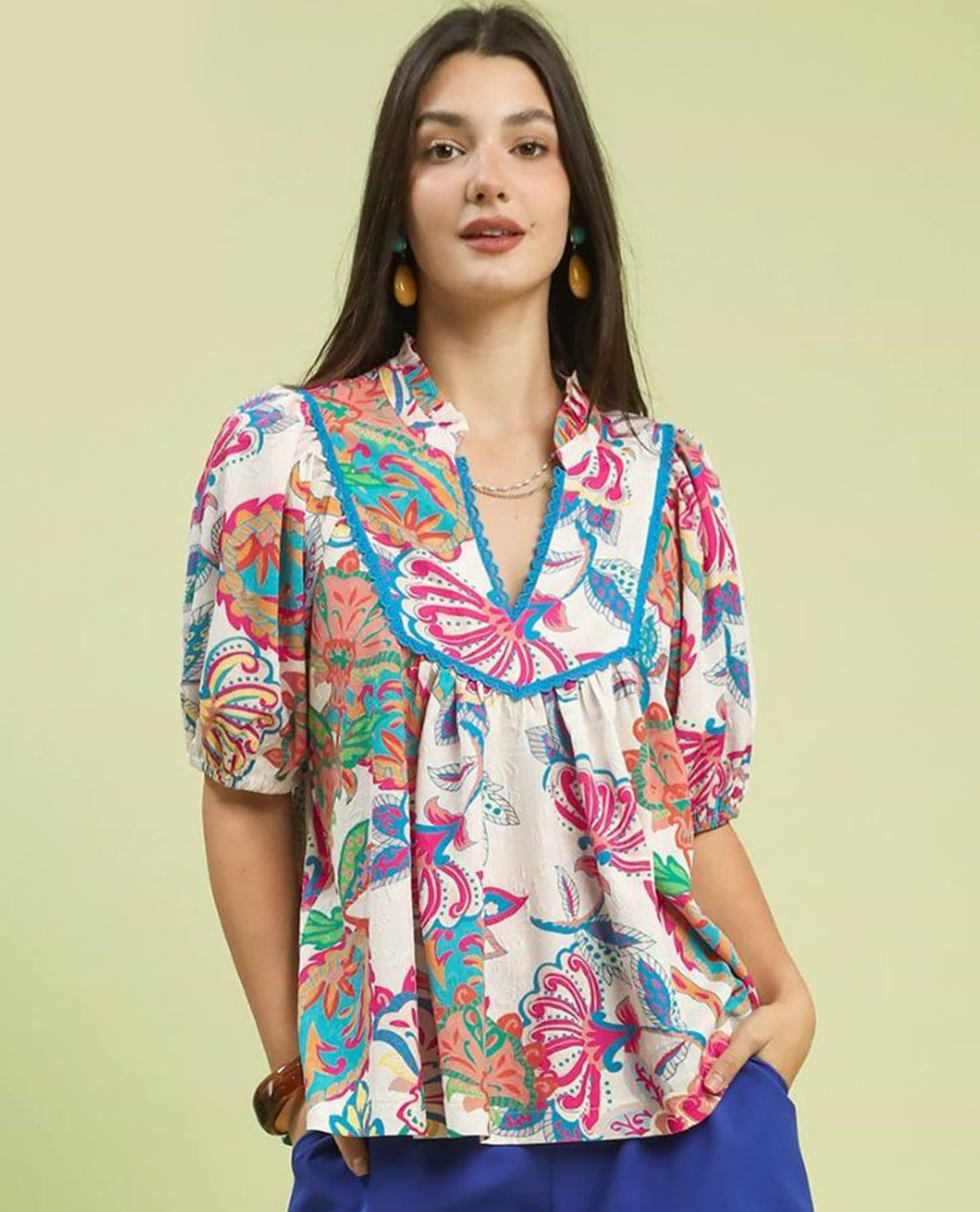 Umgee Paisley Ruffle Neck Top