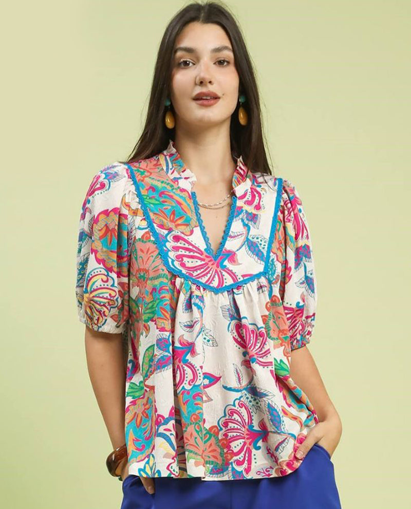Umgee Paisley Ruffle Neck Top