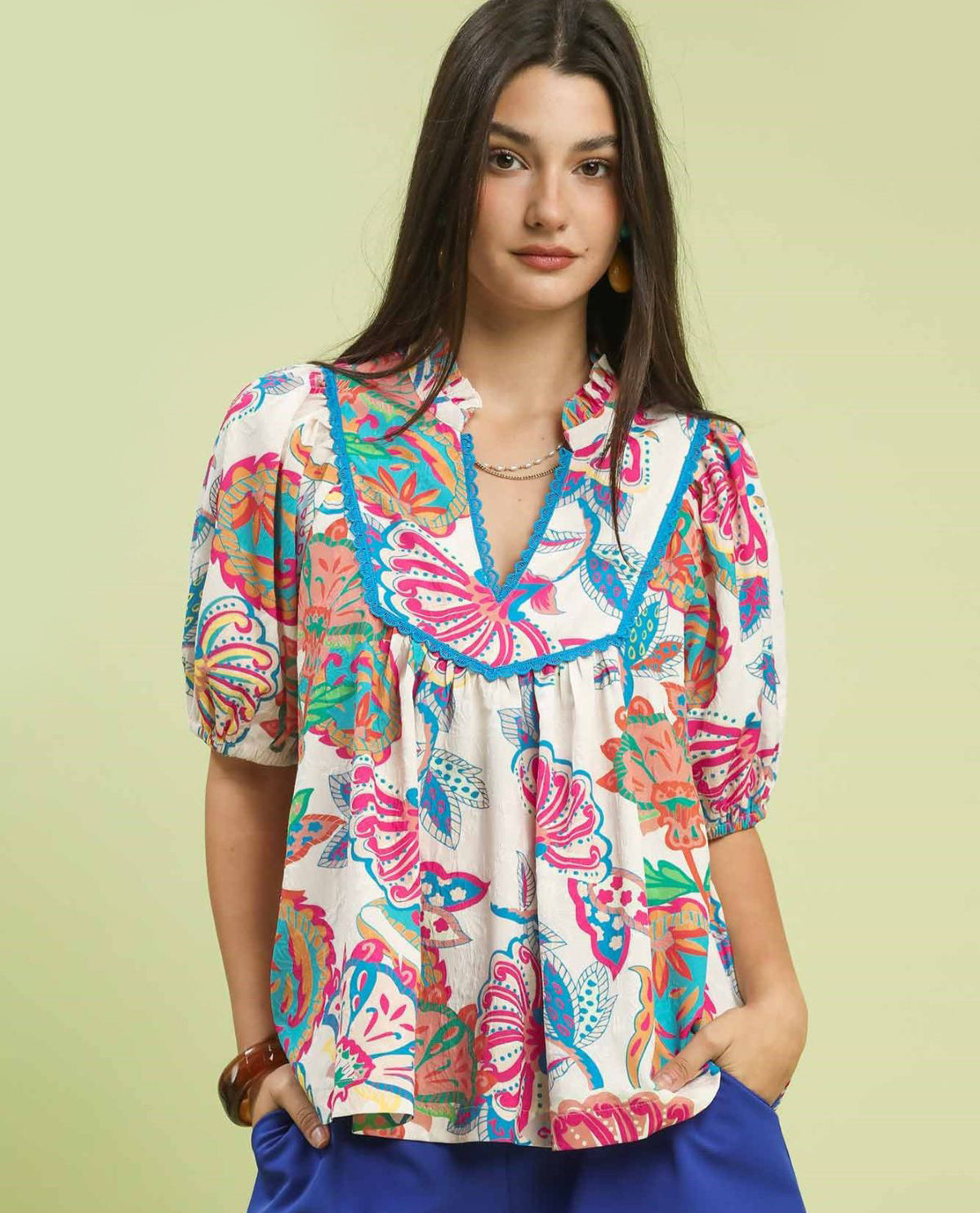 Umgee Paisley Ruffle Neck Top