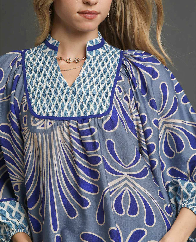Umgee Mixed Print Top With Smocked Yoke