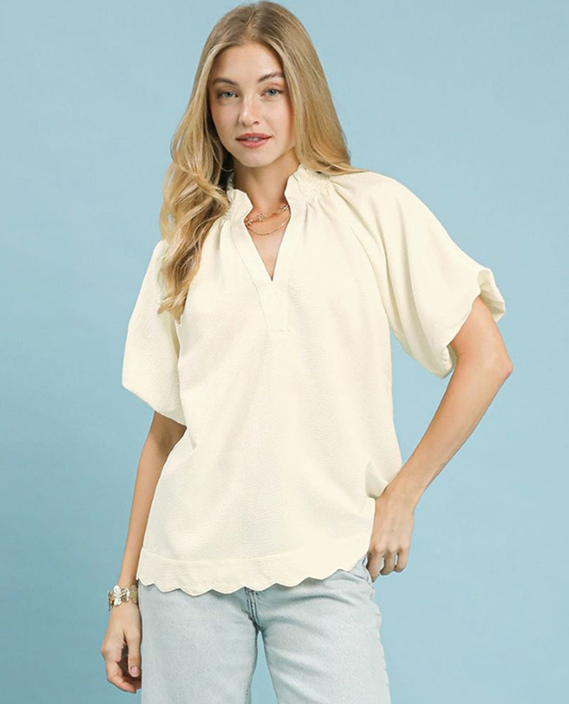 Umgee Scalloped Hem Textured Blouse