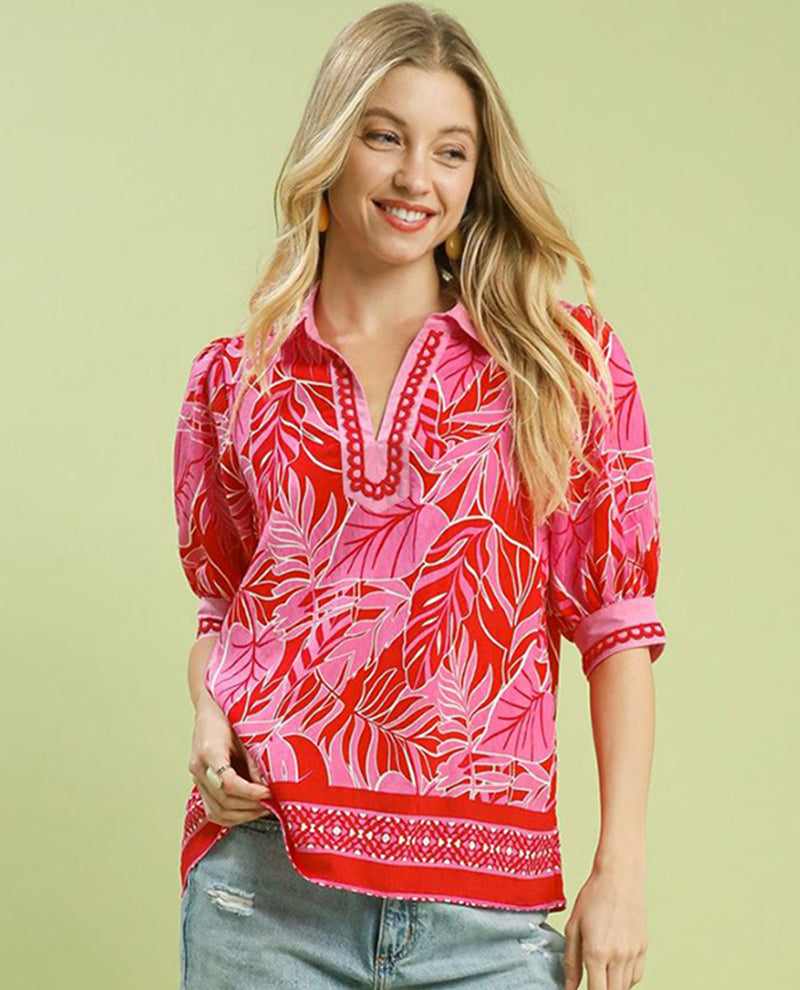 Umgee Print Top with Puff Sleeves
