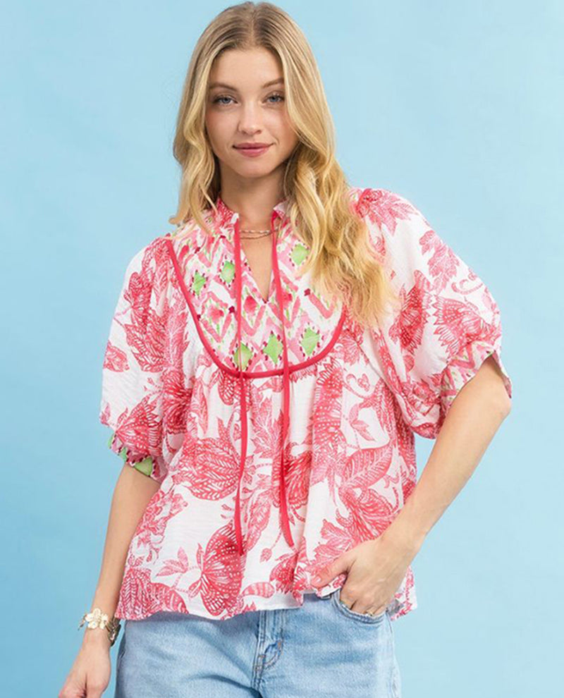 Umgee Mixed Print Top with Tie Detail