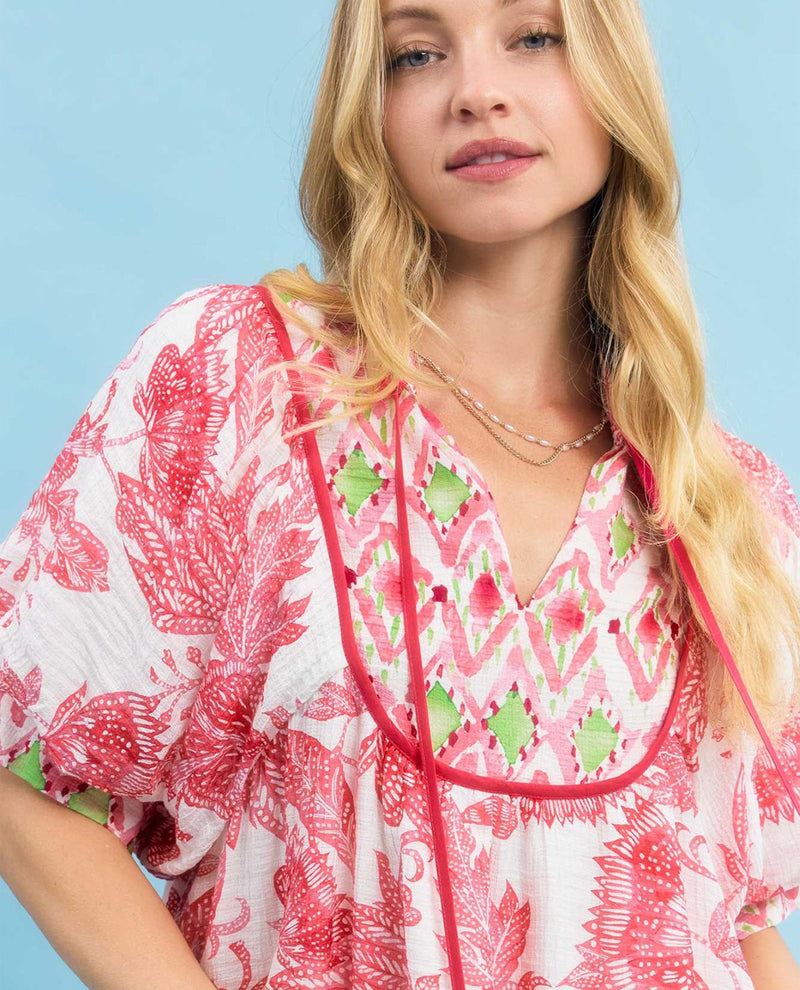 Umgee Mixed Print Top With Tie Detail