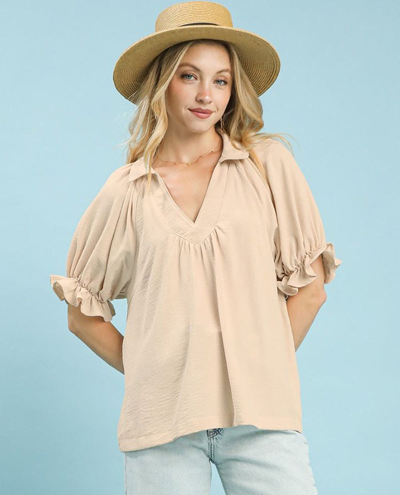Umgee Solid V-neck Top with Short Puff Sleeves