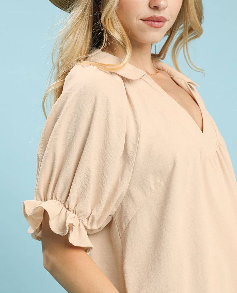 Umgee Solid V-Neck Top With Short Puff Sleeves