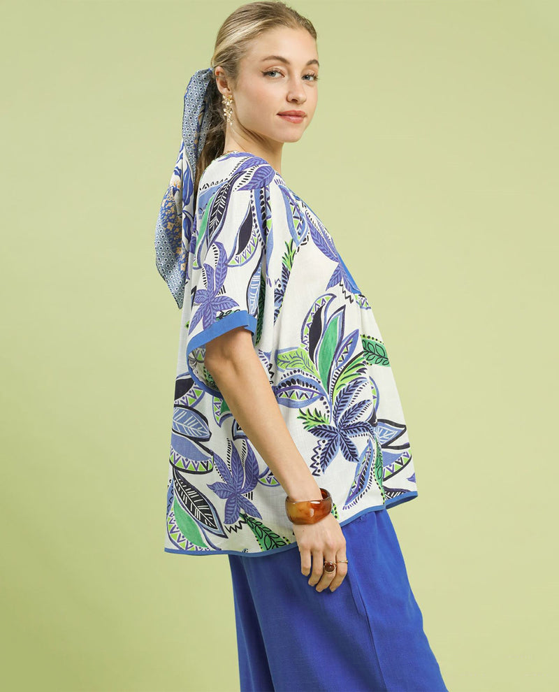Umgee Print Top with Split V-neck and Short Relaxed Sleeves