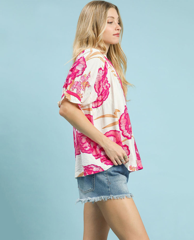 Umgee Floral Print Top With Contrast Detail