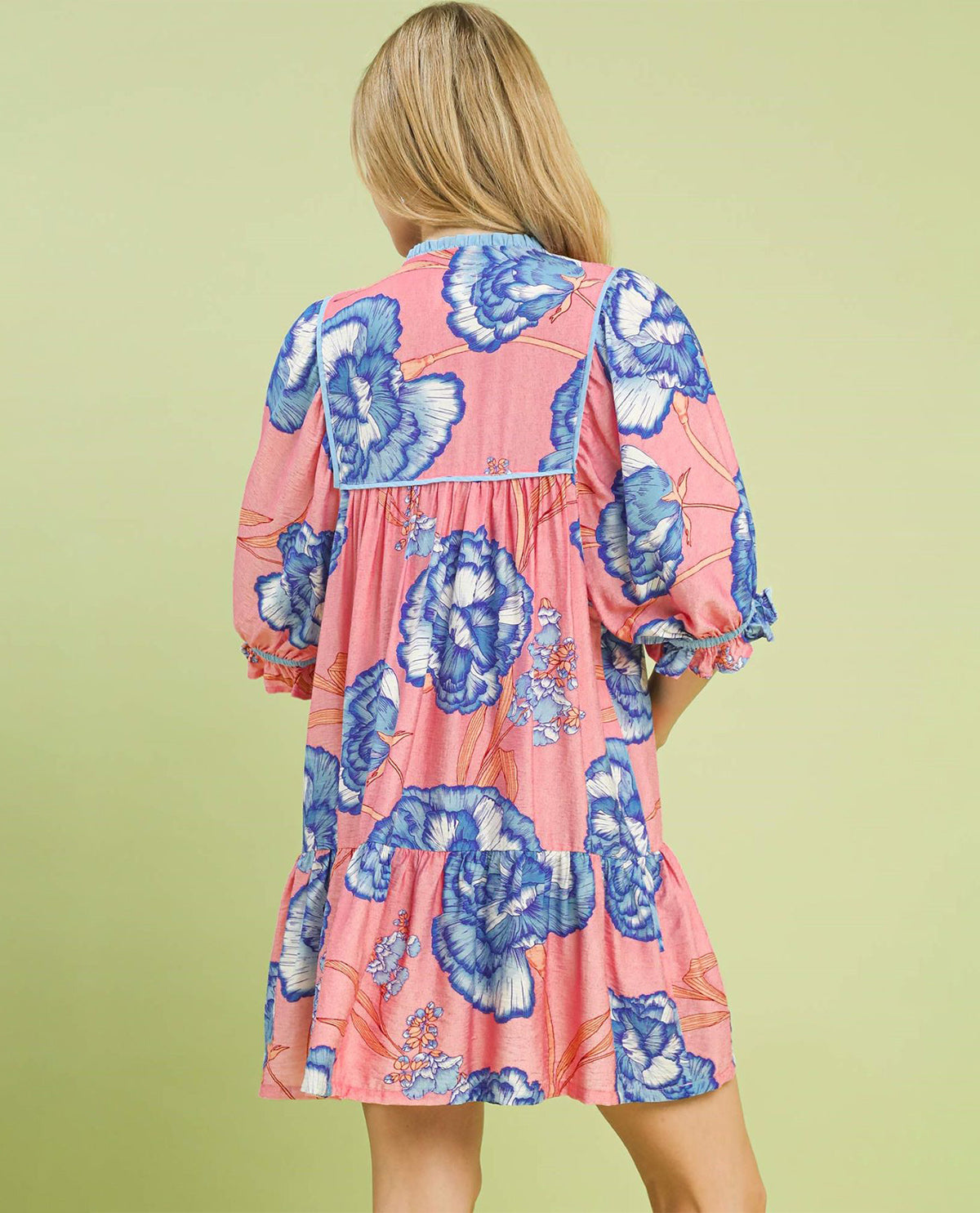 Umgee Floral Smocked Print Dress with 3/4 Puff Ruffle Trim Sleeves