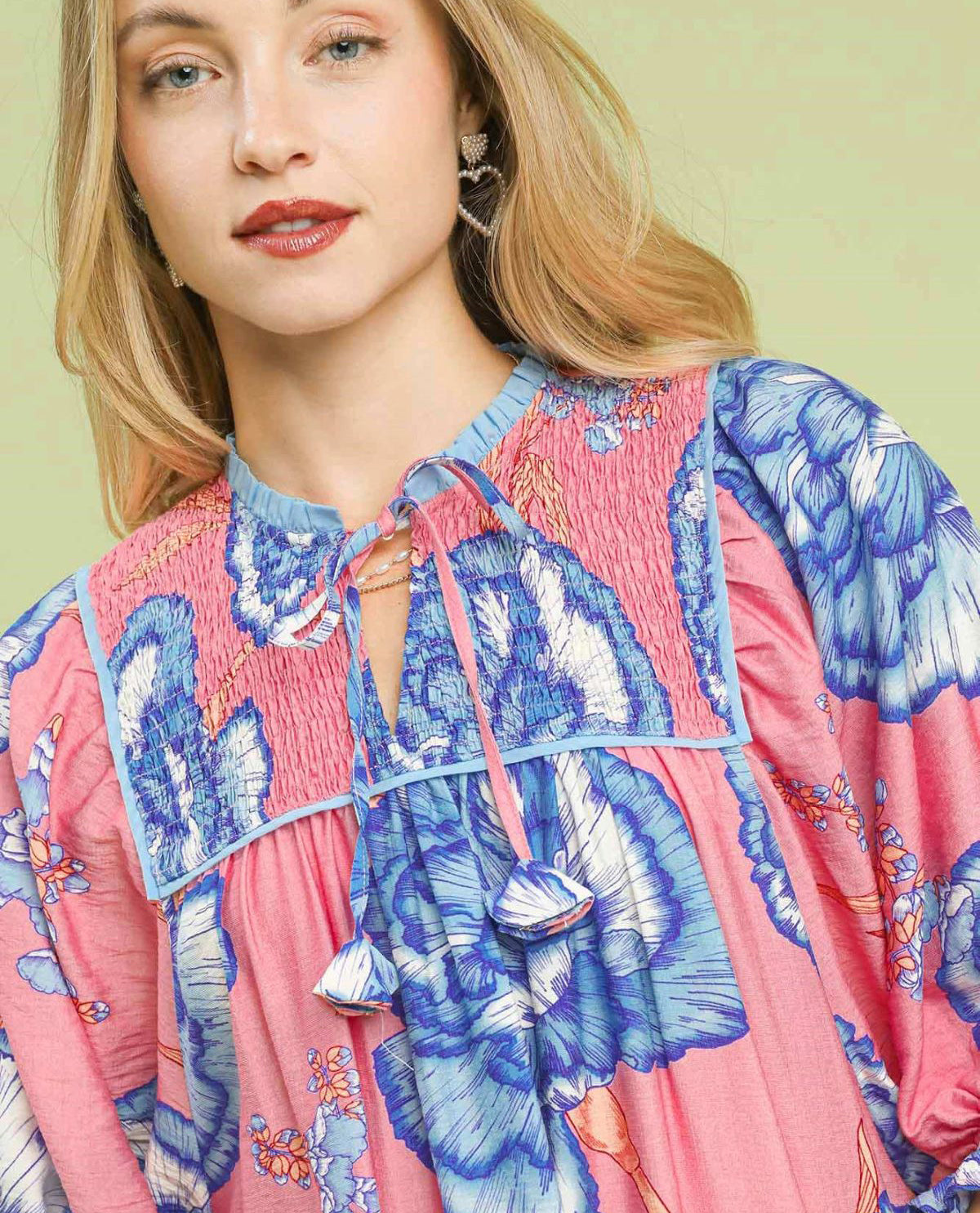 Umgee Floral Smocked Print Dress with 3/4 Puff Ruffle Trim Sleeves