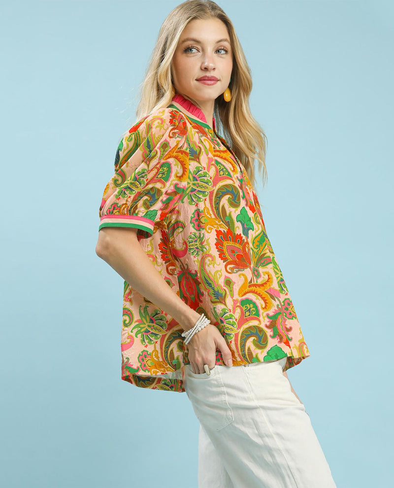 Umgee Print Ruffled Neck Top
