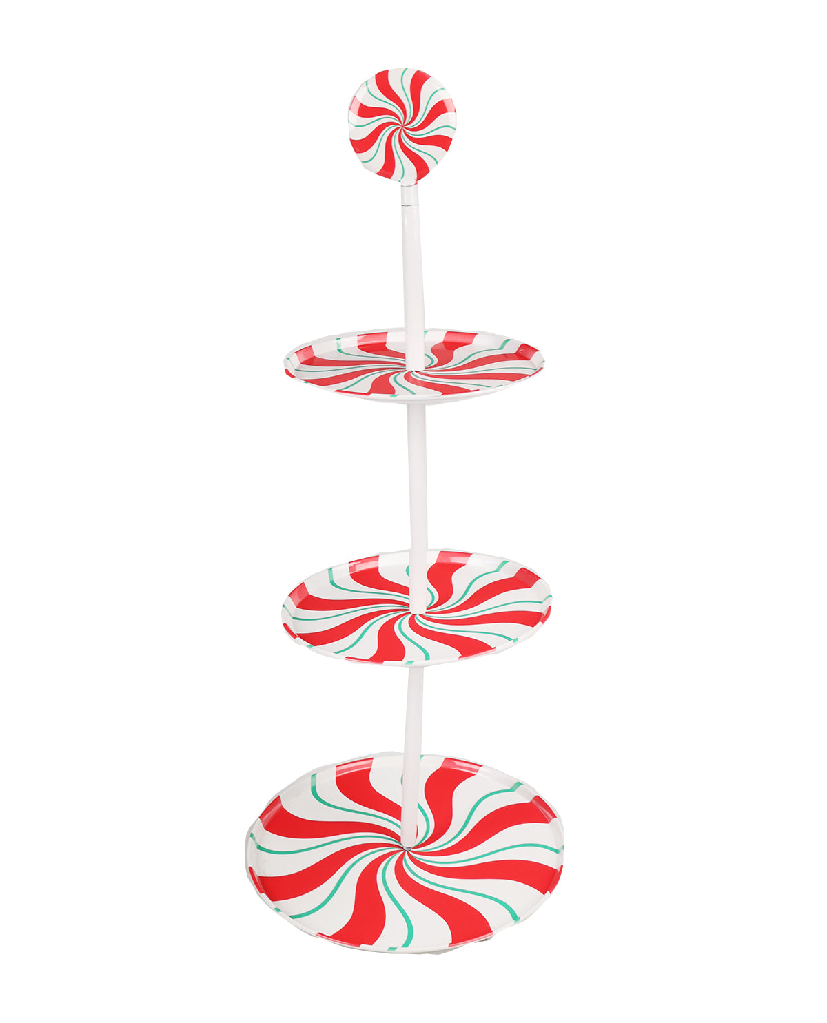Decorative stand with red, white, and green swirled designs on a white background