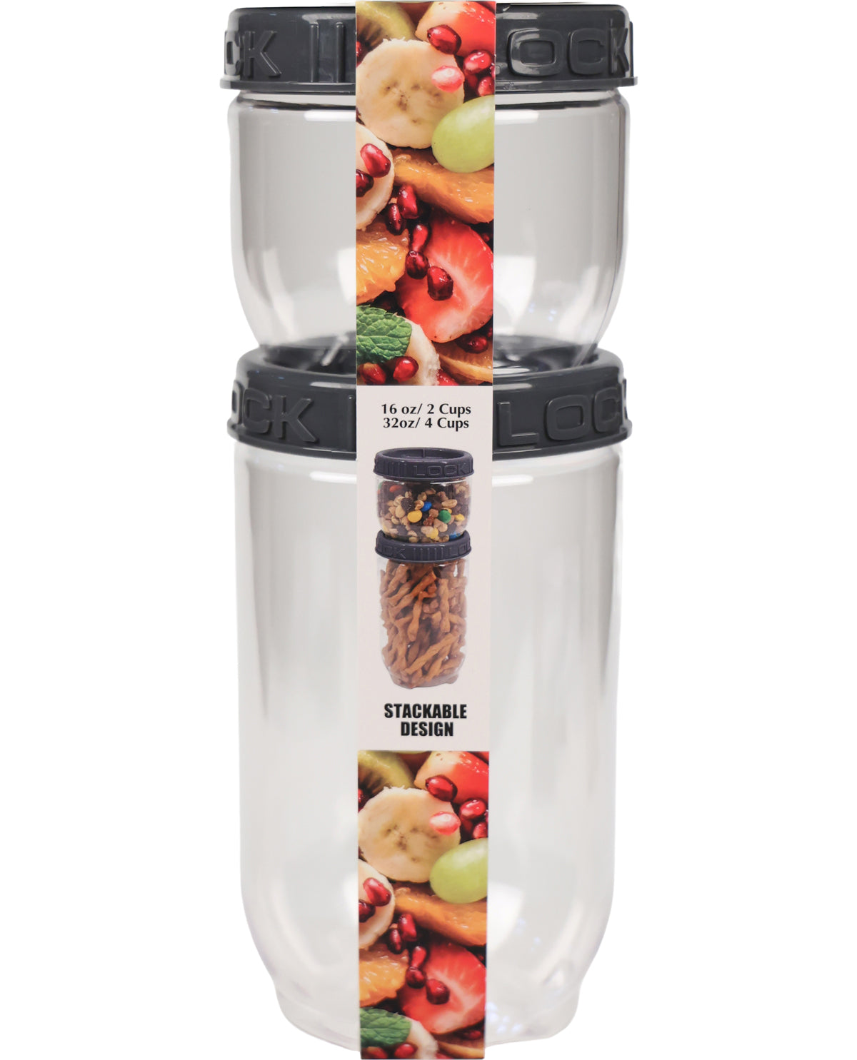 Set Of 2 Stackable Food Storage with Twist Top Lids Gry